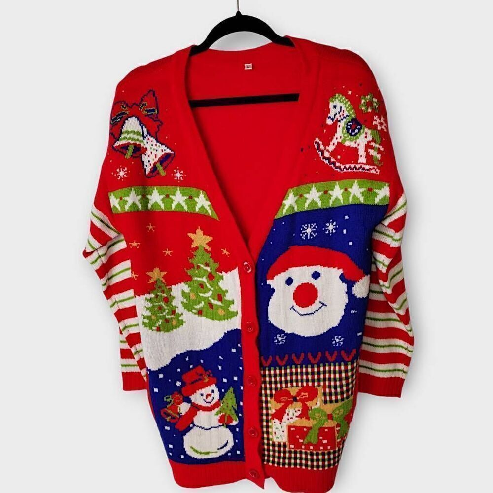 V28 Womens Holiday‎ Cardigan Sz Large Red Christmas Sweater Long Button Up Xmas